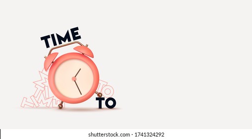 Clock 3d Vector. Pink Alarm clock realistic of plastic in soft pastel colors. Design Time to the watch. Object isolated on white background. Net space for your text