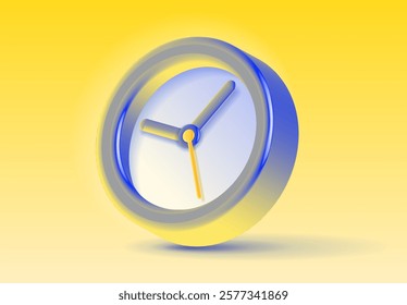 Clock in 3d vector style, with glass glow effect. Blue and yellow time icon on light background. Color watch. Design element for you modern project