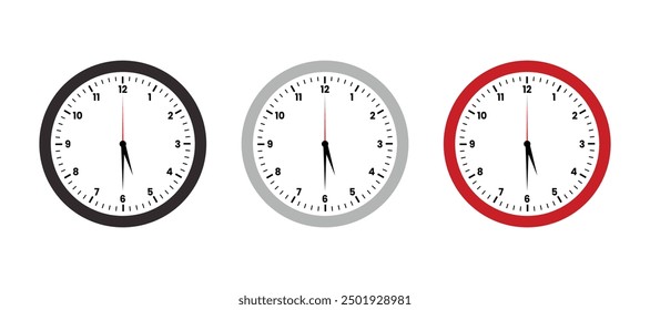 clock 5 30. Round wall clock flat design set, white background, black gray red clock