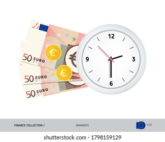 Reloj y billetes de 50 euros. Ilustración vectorial de estilo plano. El concepto de tiempo y negocios.