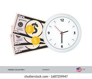 Clock and 50 US Dollar Banknotes. Flat style vector illustration. Time and Business concept.