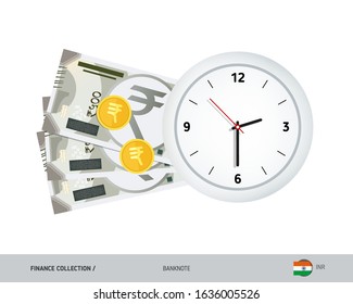 Clock and 500 Indian Rupee Banknotes. Flat style vector illustration. Time and Business concept.