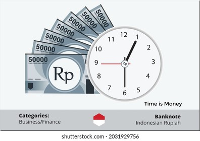 Clock and 50000 Indonesian Rupiah Banknotes. Time and Business concept. Indonesia business, payment and finance element. Can be used for web, mobile, infographi and print.