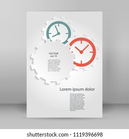 Clock abstract design element gears on shiny golden glowing background. Vector illustration eps 10. Can use for business brochure layout, poster timework, cover page magazine, flyer template, booklet