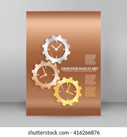 Clock abstract design element gears on shiny golden glowing background. Vector illustration eps 10. Can use for business brochure layout, poster timework, cover page magazine, flyer template, booklet