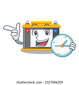 With clock accomulator the mascot next to table