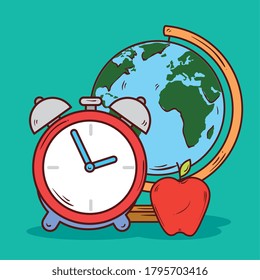 despertador de reloj con diseño de ilustración vectorial de suministro de apple y world planet school