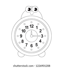 Clock Alarm cartoon funny and smiley. Colorless outlined illustration with thin line black stroke