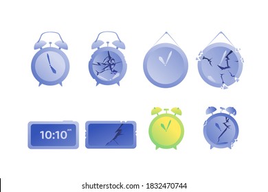 Clock and alarm clocks on a white background, urgent repair of a broken clock. Cracks and dents on the electronic display, crash time, disrupted alarm clock.