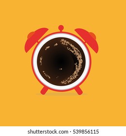 Clock as an alarm clock. Concept associated with morning coffee. Morning daily ritual. Caffeine, which is a necessity for functioning. Peace and relaxation, calm. Icon flat design with orange color.