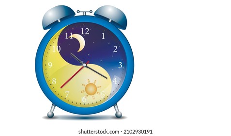 Clock, alarm clock with day and night clock face concept with moon and sun.Yin Yang. Copy space. Vector illustration