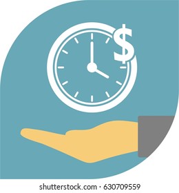 clock, alarm, earnings logo, money icon, blue and white symbol