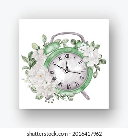 clock alarm flower gardenia white watercolor illustration