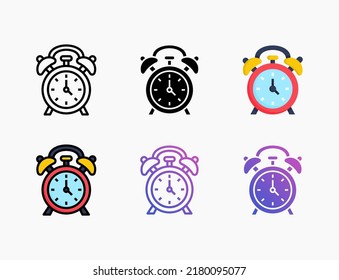 Clock Alarm icon set with line, outline, flat, filled, glyph, color, gradient. Editable stroke and pixel perfect. Can be used for digital product, presentation, print design and more.