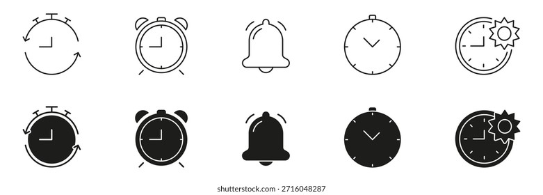 Reloj Y Conjunto De Iconos De Alarma. Colección De Símbolos De Administración De Tiempo, Programación Y Recordatorio. Incluye Cronómetro, Campana E Indicaciones Diurnas. Ilustración vectorial aislada.