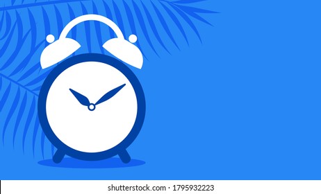 alarma de reloj en un fondo azul. Hojas de palma y relojes. Ilustración vectorial con copia del espacio.