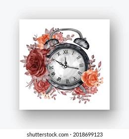 clock alarm rose flower autumn fall watercolor illustration