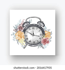 clock alarm rose orange maroon watercolor illustration