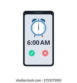 Clock alarm screen on smartphone vector. Technology and lifestyle concept. Flat design on white background.