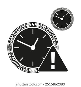 Clock with alert symbol. Black and white design. Time warning with exclamation mark. Circular and triangular shapes.