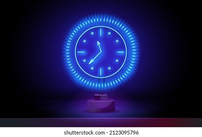 Clock, anytime neon sign. Round clock service advertisement design. Night bright neon sign, colorful billboard, light banner. Vector illustration