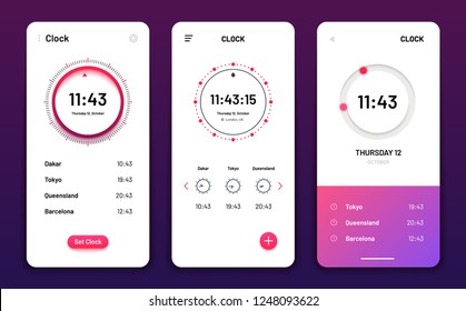 Clock App. Digital Clock Alarm Phone Application. Cellphone Watch Widget Futuristic Vector User Interfaces