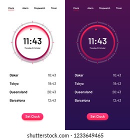 Clock app. Time countdown ui for day and night. Clock interface for smartphone vector illustration