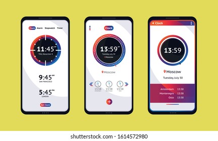 Clock app. Timer clock mobile application interface. Alarm stopwatch timer ui mobile phone.