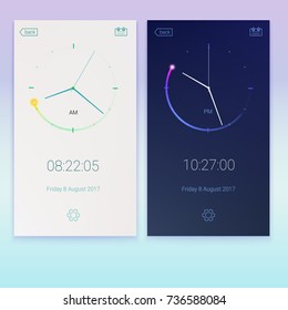 Clock application, concept of contrast UI design, day and night variants. Digital countdown app, user interface kit, mobile clock interface. UI elements, 3D illustration