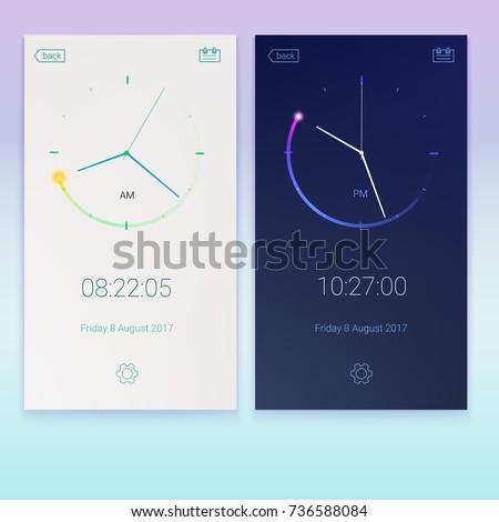 Clock application, concept of contrast UI design, day and night variants. Digital countdown app, user interface kit, mobile clock interface. UI elements, 3D illustration