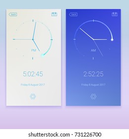 Clock application, concept of UI design, day and night variants. Digital app, user interface kit, UI elements. Mobile clock interface, 3D illustration