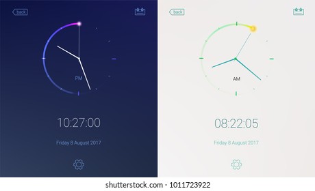 Clock application on light and dark background. Concept of UI design, day and night variants. Digital countdown app, user interface kit, mobile clock interface. UI elements, 3D illustration
