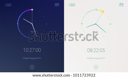 Clock application on light and dark background. Concept of UI design, day and night variants. Digital countdown app, user interface kit, mobile clock interface. UI elements, 3D illustration