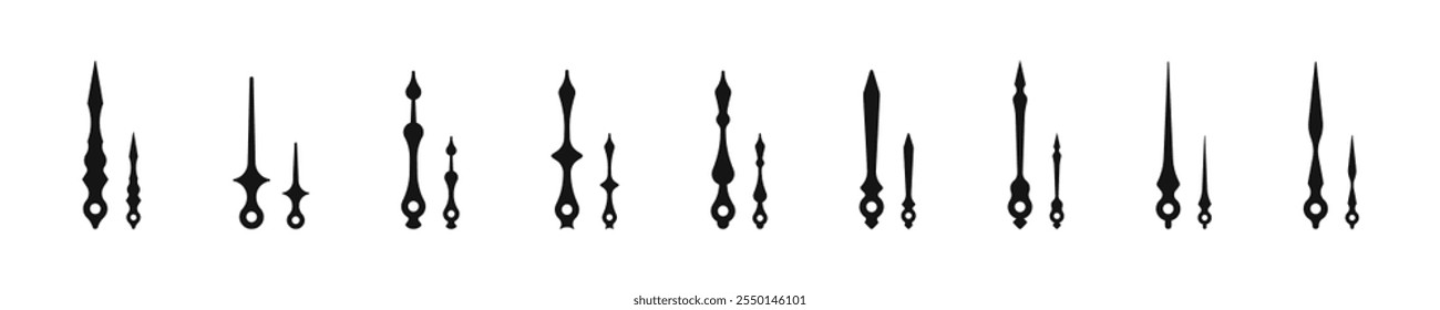 Uhrarmsymbole. Uhrenarme, Zeiger, Uhrenpfeile. Uhrpfeil-Shapes. Stunden- und Minutenuhr Pfeile Silhouetten