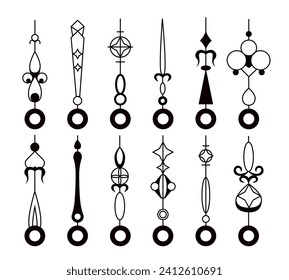 Clock arms linear set. Wristwatches and elements off decoration. Patterns and ornaments. Jewelry and accessories. Poster or banner. Doodle flat vector collection isolated on white background
