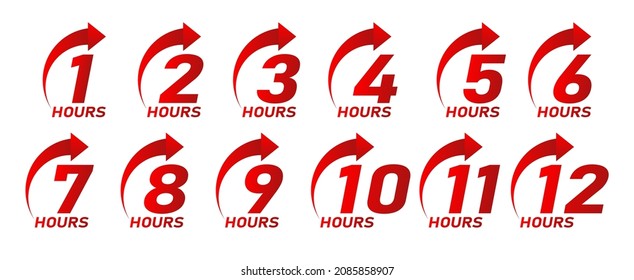 Clock arrow 1, 2, 3, 4, 5, 6, 7, 8, 9, 10, 11 and 12 hours order execution or delivery service icons. Vector illustration. Set of delivery service time icons.