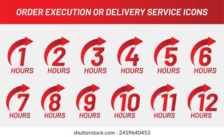 Uhrenpfeil 1, 2, 3, 4, 5, 6, 7, 8, 9, 10, 11 und 12 Stunden Auftragsausführung oder Lieferservice-Symbole. Vektorillustration. Set von Bereitstellungsdienst-Zeit-Symbolen.