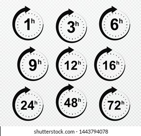 Clock arrow 1, 3, 6, 9, 12, 16, 24, 48, 72 hours. Set of delivery service time icons. svg