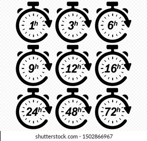 Clock arrow 1, 3, 6, 9, 12, 16, 24, 48, 72 hours. Set of delivery service time icons.