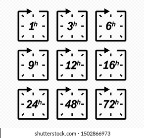 Clock arrow 1, 3, 6, 9, 12, 16, 24, 48, 72 hours. Set of delivery service time icons.