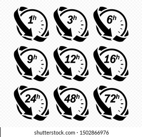 Clock arrow 1, 3, 6, 9, 12, 16, 24, 48, 72 hours. Set of delivery service time icons.