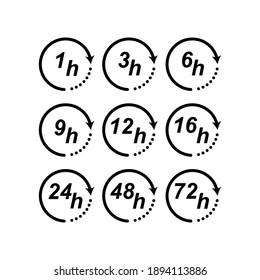 Flecha de reloj 1, 3, 6, 9, 12, 16, 24, 48, 72 horas. Juego de iconos de tiempo de servicio de entrega. aislado de fondo blanco. ilustración vectorial