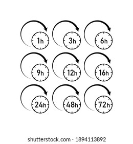 Clock arrow 1, 3, 6, 9, 12, 16, 24, 48, 72 hours. Set of delivery service time icons. isolated on white background. vector illustration