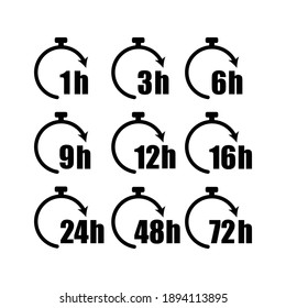 Clock arrow 1, 3, 6, 9, 12, 16, 24, 48, 72 hours. Set of delivery service time icons. isolated on white background. vector illustration