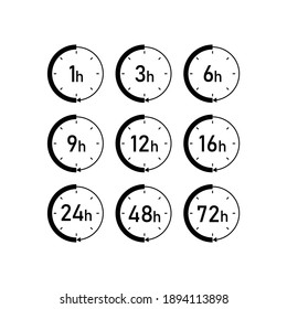 Clock arrow 1, 3, 6, 9, 12, 16, 24, 48, 72 hours. Set of delivery service time icons. isolated on white background. vector illustration