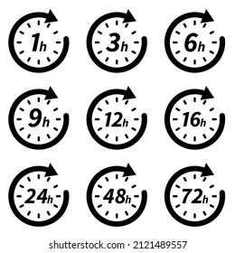 Clock arrow 1, 3, 6, 9, 12, 16, 24, 48, 72 hours. Set of delivery service time icons.

