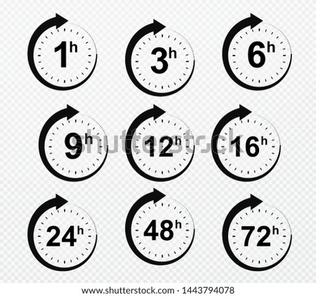 Clock arrow 1, 3, 6, 9, 12, 16, 24, 48, 72 hours. Set of delivery service time icons.