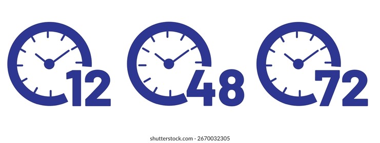 Conjunto de iconos de flechas de reloj | , 24, 48, 72 horas Símbolos de tiempo. Contorno clásico y temporizadores mínimos. Símbolo de tiempo de trabajo, entrega y Ilustración vectorial de tiempo de servicio.