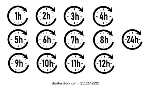 Iconos de flecha de reloj ajustados 1, 2, 3, 4, 5, 6, 7, 8, 9, 10, 11 12, 24 horas.
Tiempo de cuenta atrás.
Servicio de entrega, tiempo de servicio. Ilustración vectorial.