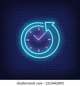 Clock with arrow neon sign. Round clock service advertisement design. Night bright neon sign, colorful billboard, light banner. Vector illustration in neon style.